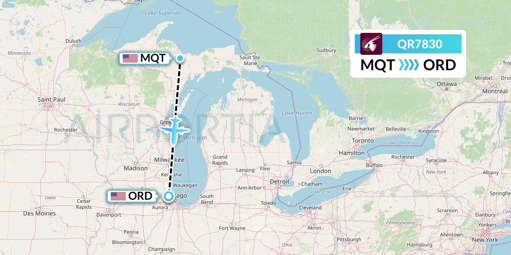 QR7830 Qatar Airways Flight Map: Marquette to Chicago