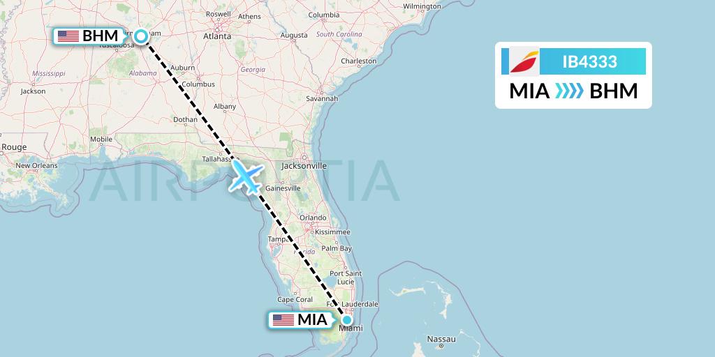 IB4333 Iberia Flight Map: Miami to Birmingham