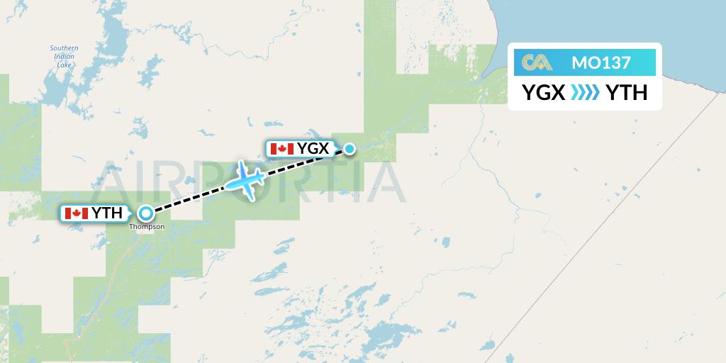 MO137 Calm Air Flight Map: Gillam to Thompson