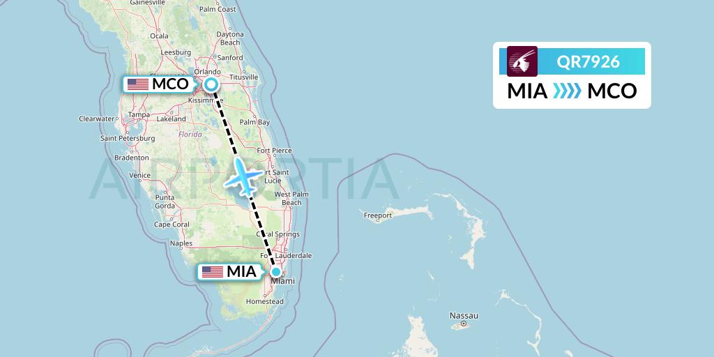 QR7926 Qatar Airways Flight Map: Miami to Orlando