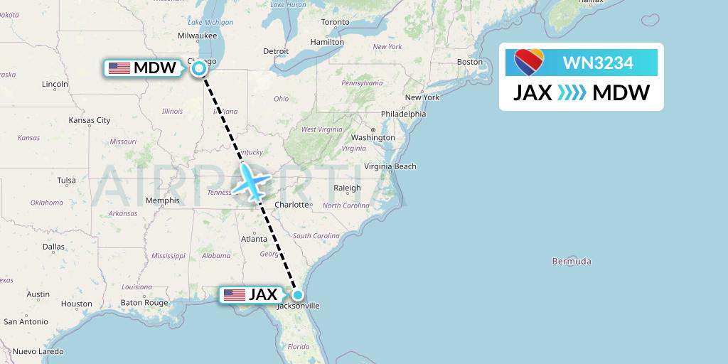 WN3234 Southwest Airlines Flight Map: Jacksonville to Chicago