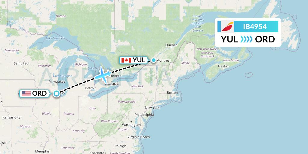 IB4954 Iberia Flight Map: Montreal to Chicago