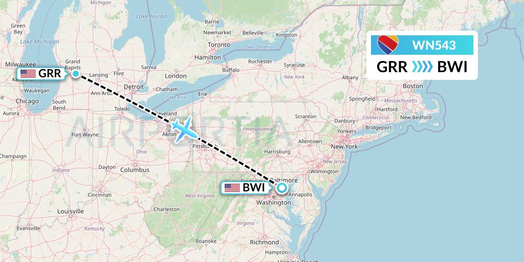 WN543 Southwest Airlines Flight Map: Grand Rapids to Baltimore
