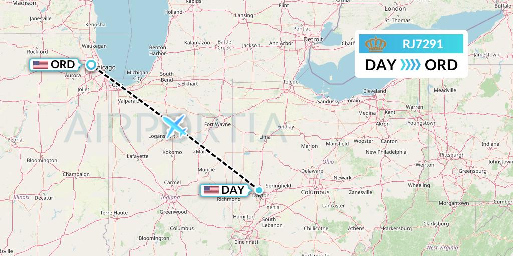 RJ7291 Royal Jordanian Flight Map: Dayton to Chicago