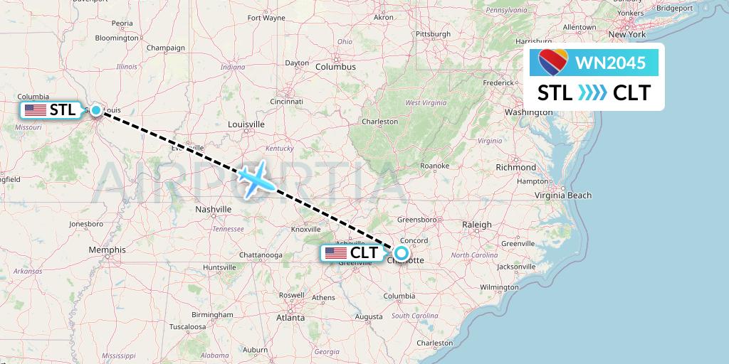 WN2045 Southwest Airlines Flight Map: St. Louis to Charlotte
