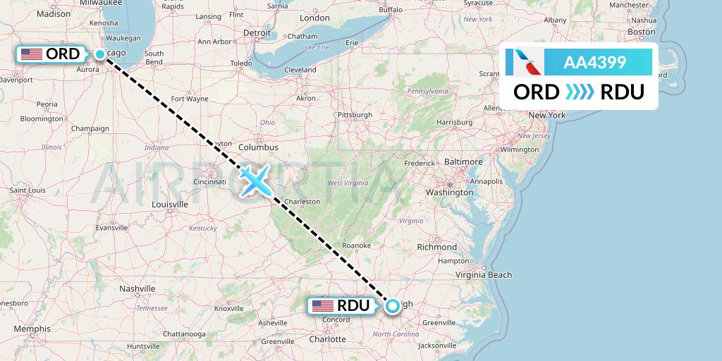 AA4399 American Airlines Flight Map: Chicago to Raleigh-Durham