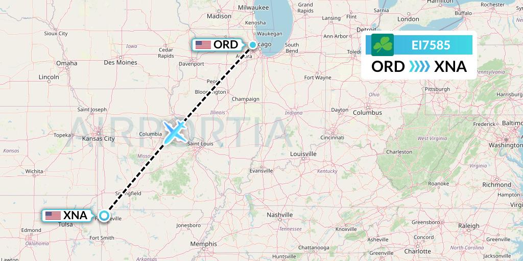 EI7585 Aer Lingus Flight Map: Chicago to Bentonville