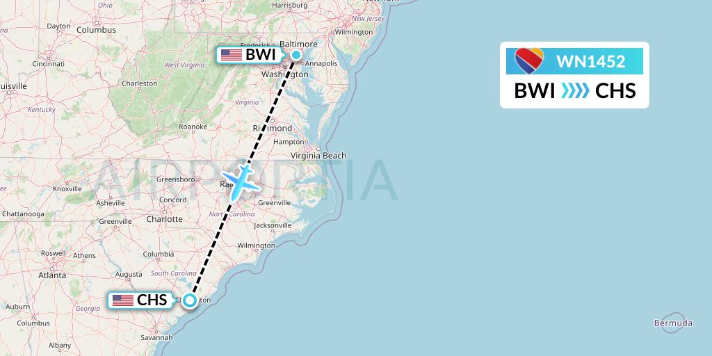WN1452 Southwest Airlines Flight Map: Baltimore to Charleston