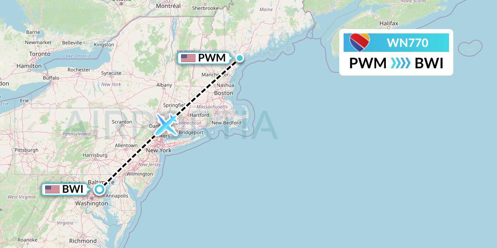 WN770 Southwest Airlines Flight Map: Portland to Baltimore