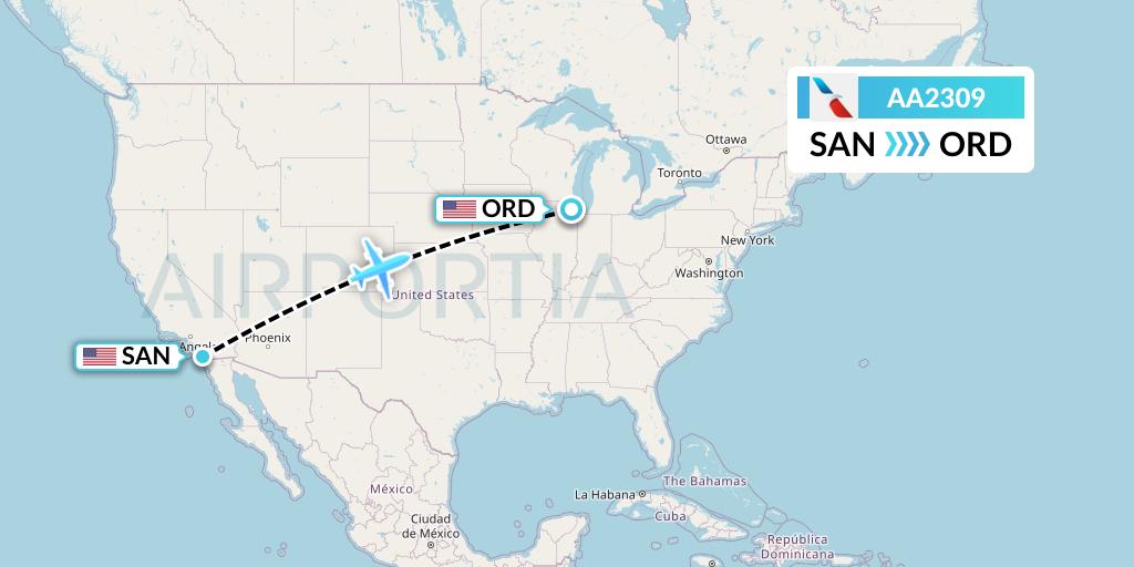 AA2309 American Airlines Flight Map: San Diego to Chicago