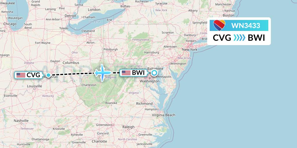 WN3433 Southwest Airlines Flight Map: Cincinnati to Baltimore
