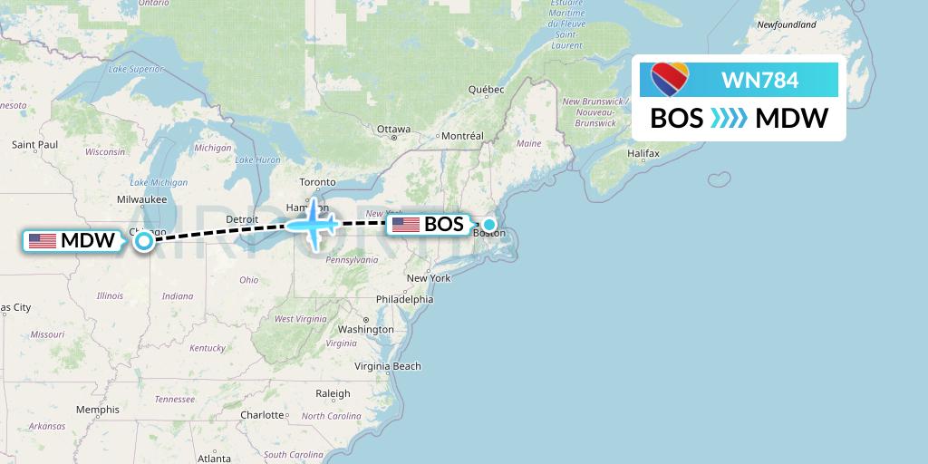 WN784 Southwest Airlines Flight Map: Boston to Chicago