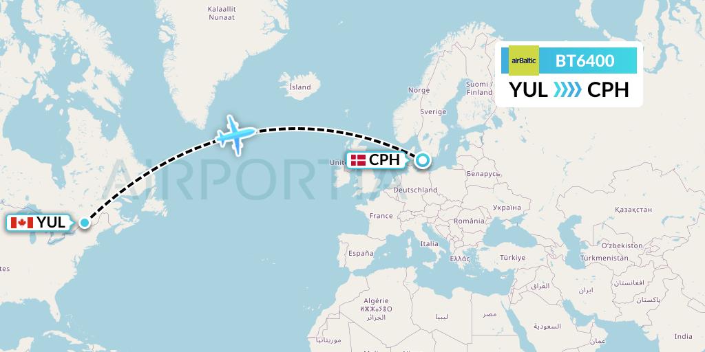 BT6400 Air Baltic Flight Map: Montreal to Copenhagen