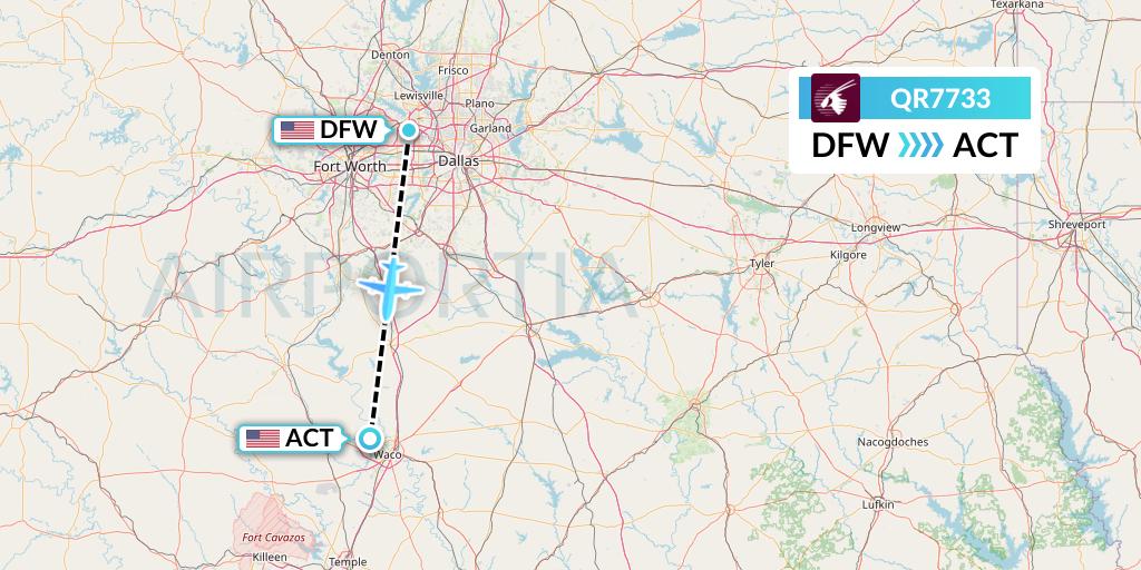 QR7733 Qatar Airways Flight Map: Dallas to Waco