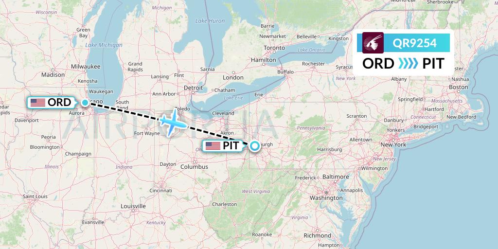 QR9254 Qatar Airways Flight Map: Chicago to Pittsburgh