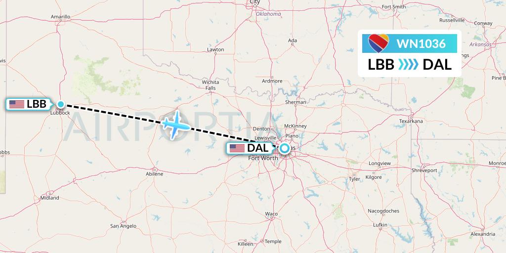 WN1036 Southwest Airlines Flight Map: Lubbock to Dallas