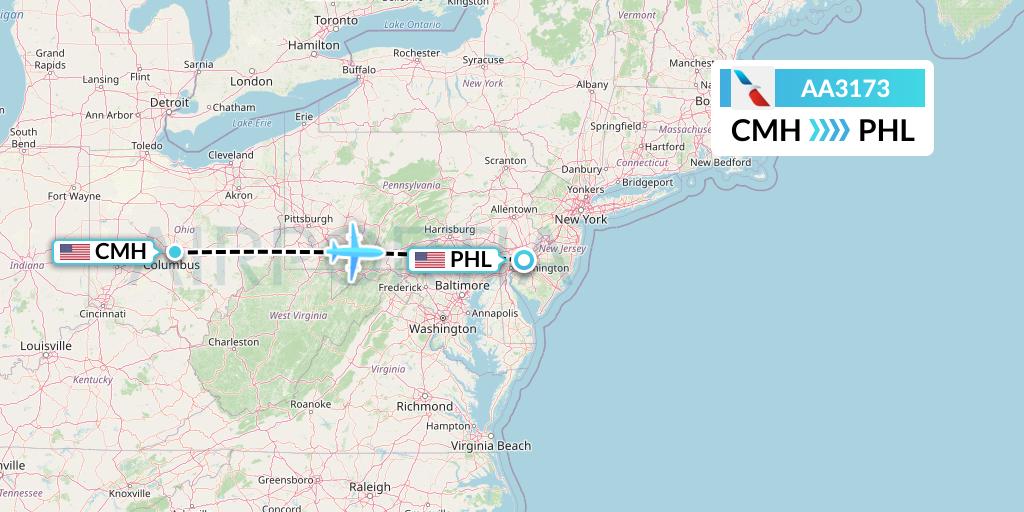 AA3173 American Airlines Flight Map: Columbus to Philadelphia