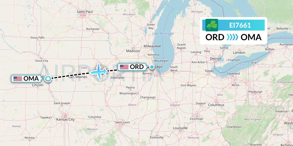 EI7661 Aer Lingus Flight Map: Chicago to Omaha