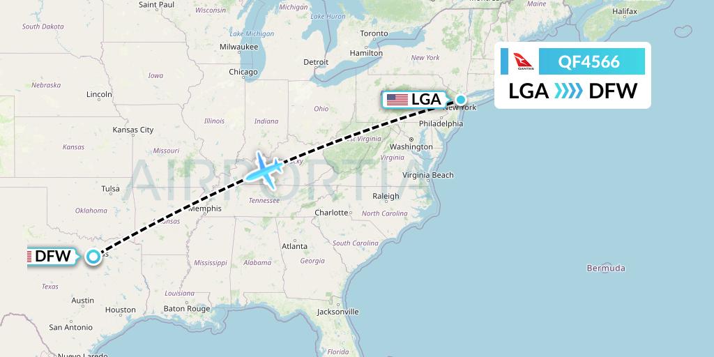 QF4566 Qantas Flight Map: New York to Dallas
