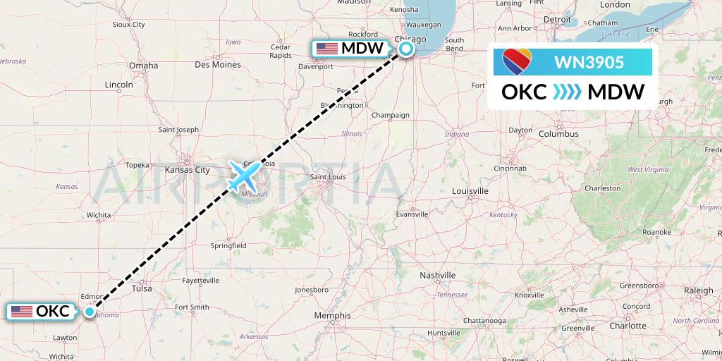 WN3905 Southwest Airlines Flight Map: Oklahoma City to Chicago