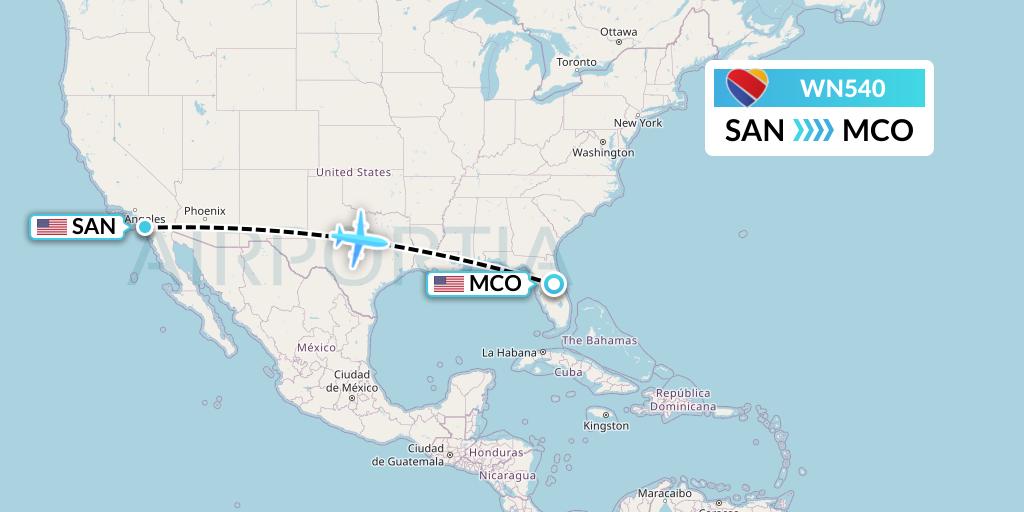 WN540 Southwest Airlines Flight Map: San Diego to Orlando