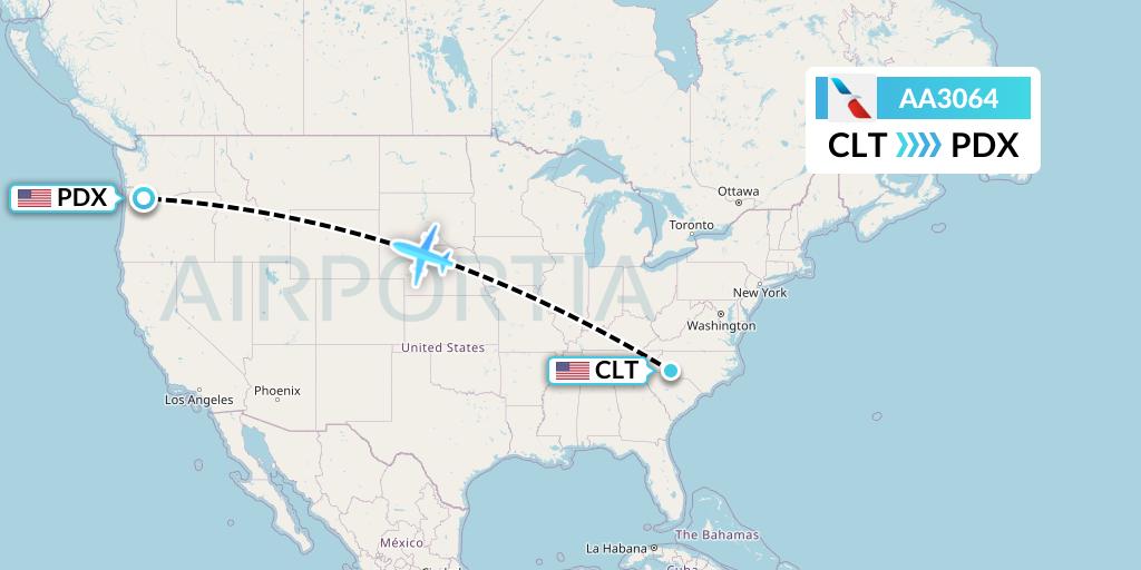 AA3064 American Airlines Flight Map: Charlotte to Portland