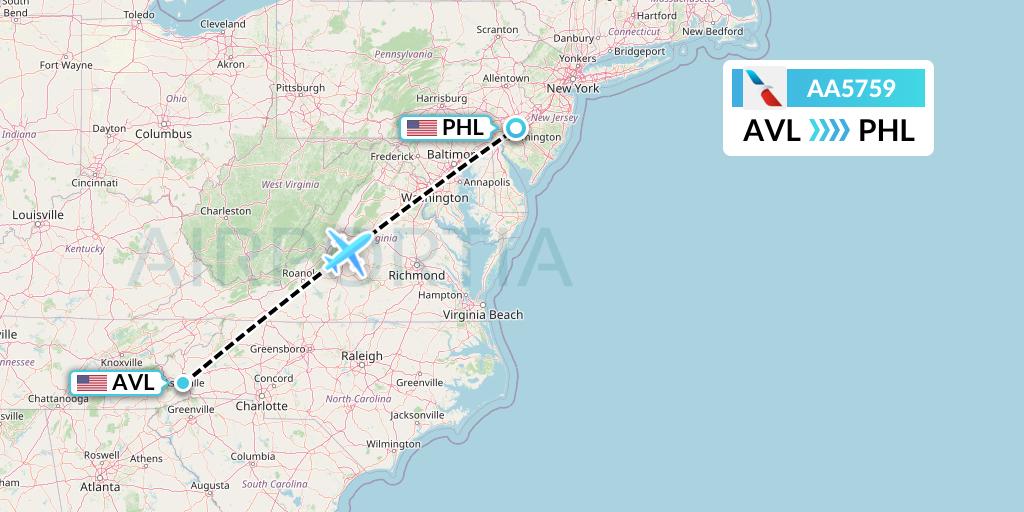 AA5759 American Airlines Flight Map: Asheville to Philadelphia