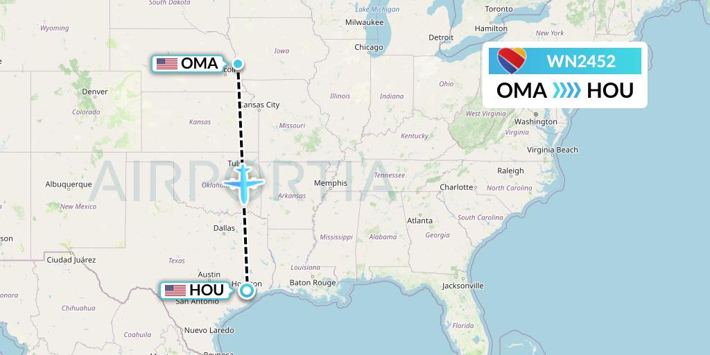 WN2452 Southwest Airlines Flight Map: Omaha to Houston