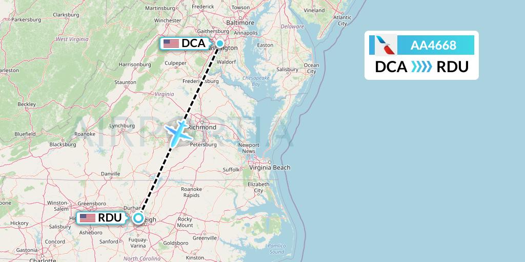 AA4668 American Airlines Flight Map: Washington to Raleigh-Durham