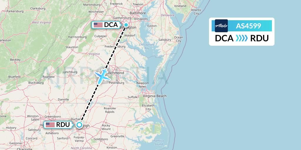 AS4599 Alaska Airlines Flight Map: Washington to Raleigh-Durham