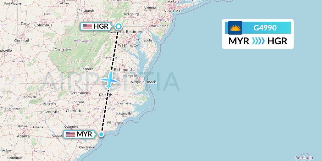 G4990 Allegiant Air Flight Map: Myrtle Beach to Hagerstown