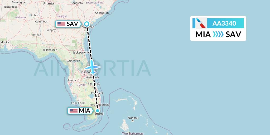 AA3340 American Airlines Flight Map: Miami to Savannah