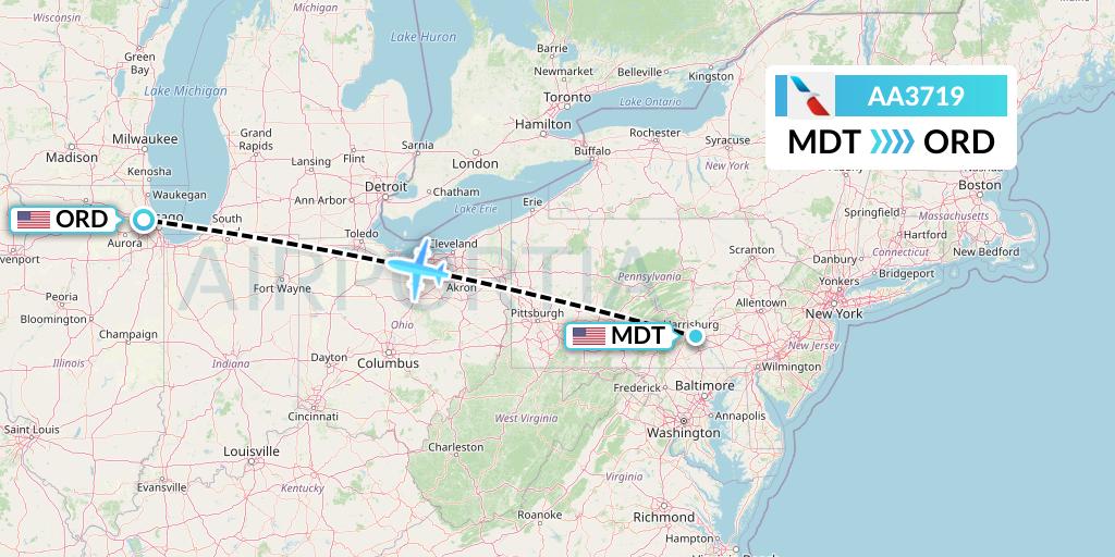 AA3719 American Airlines Flight Map: Harrisburg to Chicago