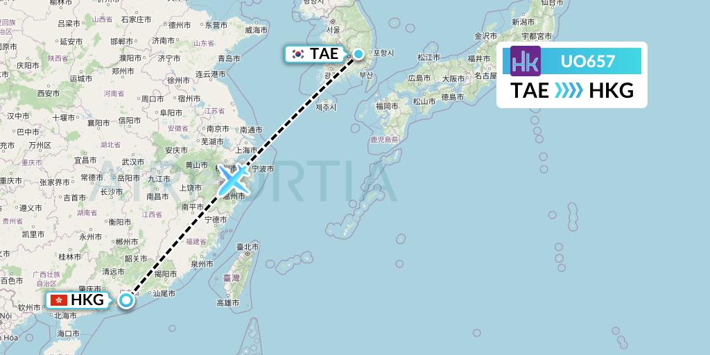 UO657 Hong Kong Express Flight Map: Daegu to Hong Kong
