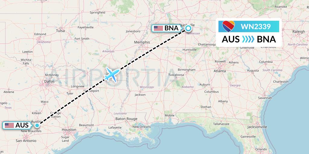 WN2339 Southwest Airlines Flight Map: Austin to Nashville