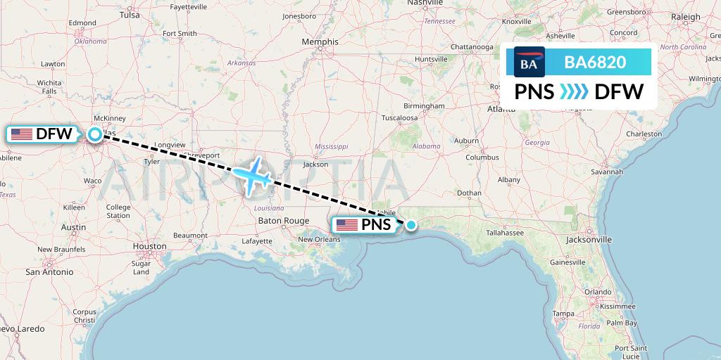 BA6820 British Airways Flight Map: Pensacola to Dallas