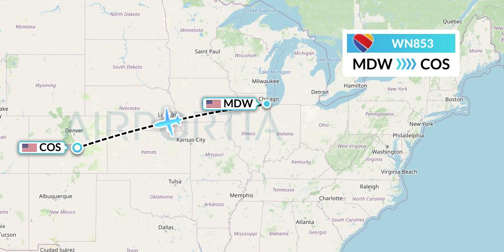 WN853 Southwest Airlines Flight Map: Chicago to Colorado Springs