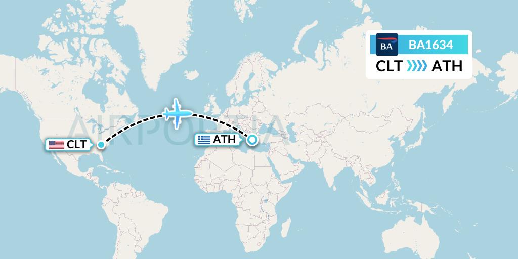 BA1634 British Airways Flight Map: Charlotte to Athens