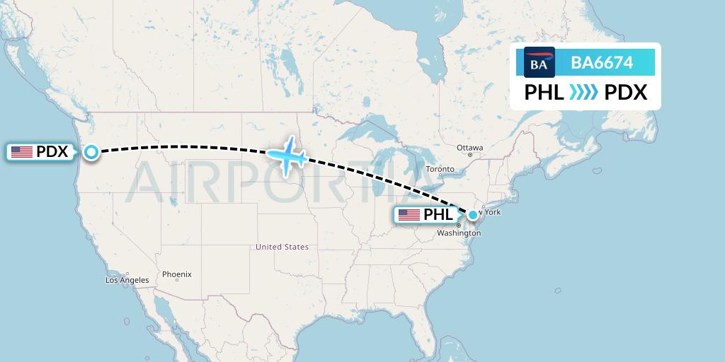 BA6674 British Airways Flight Map: Philadelphia to Portland