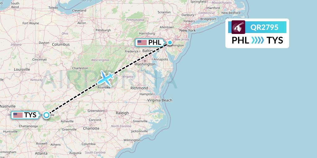 QR2795 Qatar Airways Flight Map: Philadelphia to Knoxville