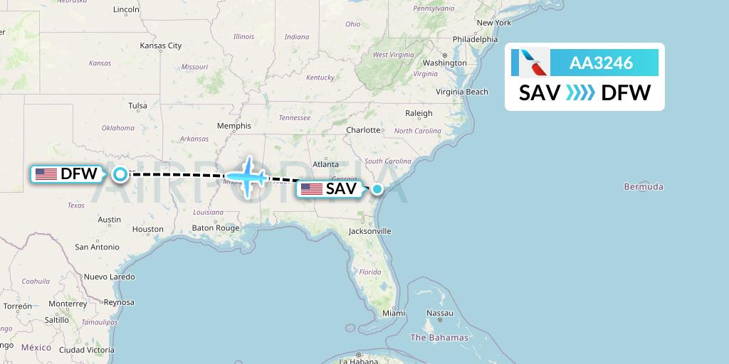 AA3246 American Airlines Flight Map: Savannah to Dallas