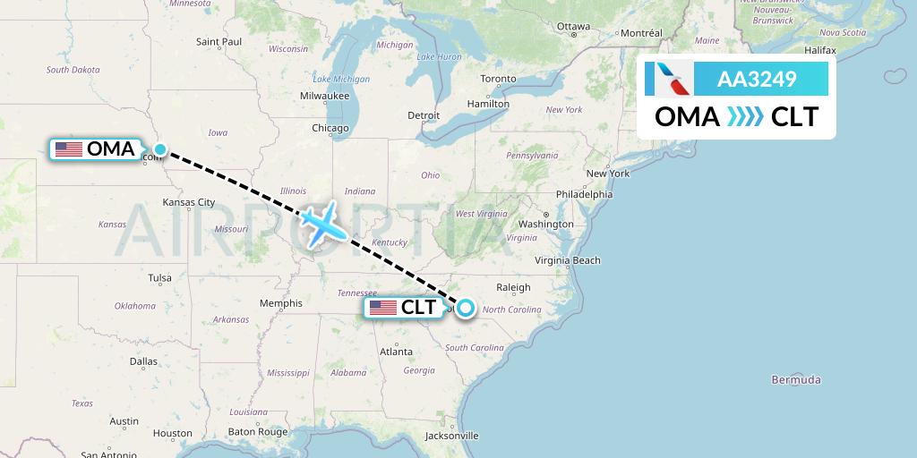AA3249 American Airlines Flight Map: Omaha to Charlotte
