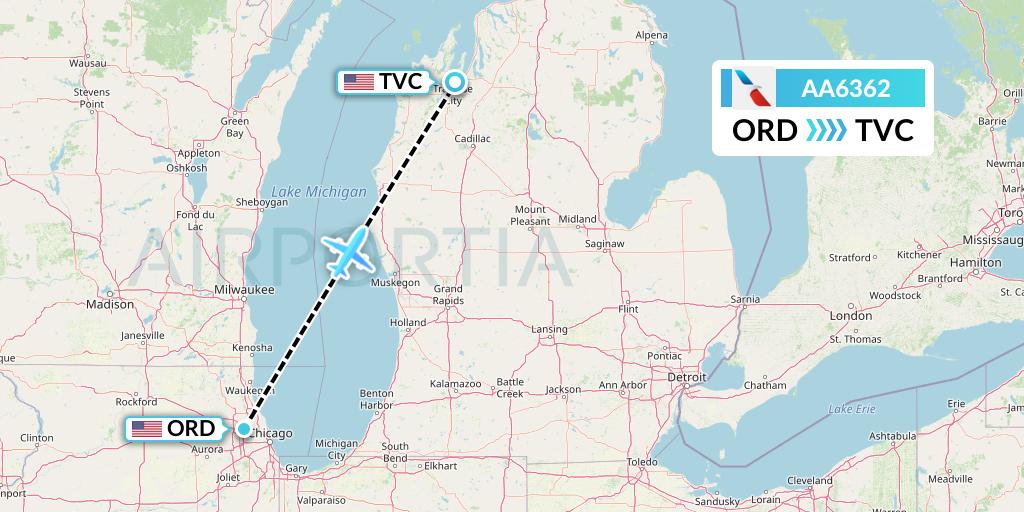 AA6362 American Airlines Flight Map: Chicago to Traverse City