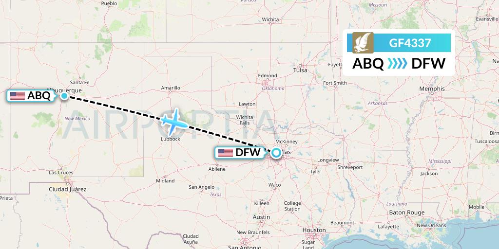 GF4337 Gulf Air Flight Map: Albuquerque to Dallas