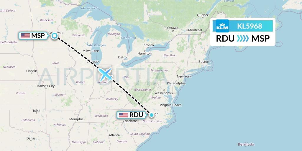 KL5968 KLM Flight Map: Raleigh-Durham to Minneapolis