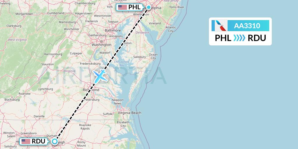 AA3310 American Airlines Flight Map: Philadelphia to Raleigh-Durham