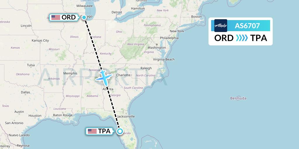 AS6707 Alaska Airlines Flight Map: Chicago to Tampa