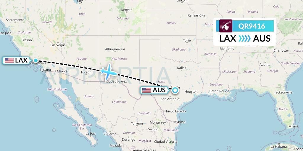 QR9416 Qatar Airways Flight Map: Los Angeles to Austin