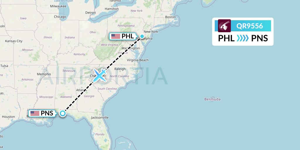 QR9556 Qatar Airways Flight Map: Philadelphia to Pensacola