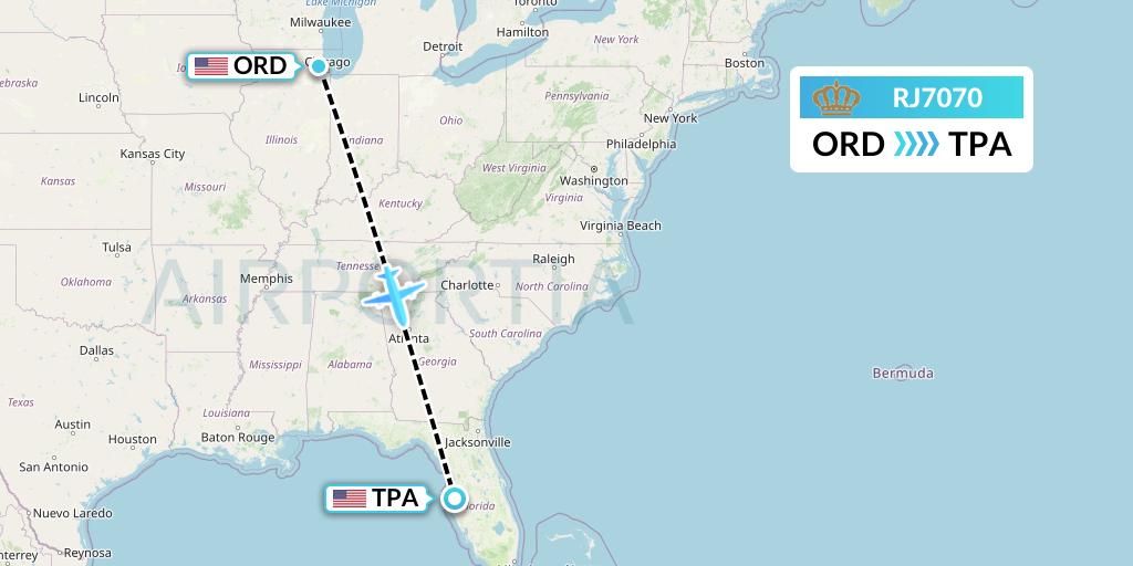 RJ7070 Royal Jordanian Flight Map: Chicago to Tampa